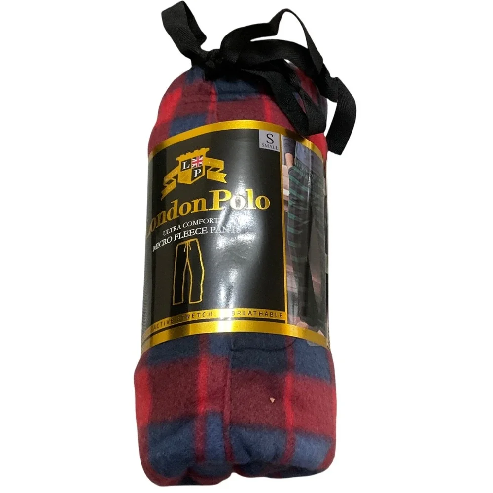 London Polo Micro Fleece Pants Mens Small Red Blue Plaid New Ultra Comfort Cozy